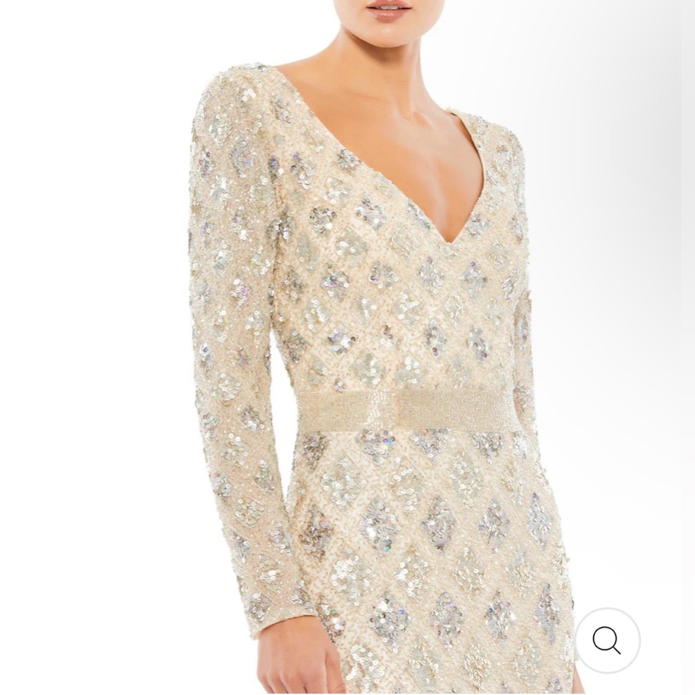 Mac Duggal Long Sleeve Cream Gown with Silver Accents - Picture 2 of 10